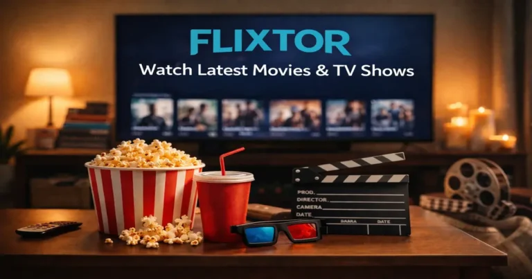 Cozy movie night setup with popcorn, drink, 3D glasses, and a film clapperboard on a coffee table in front of a TV screen displaying a streaming menu, with the word “FLIXTOR” and the text “Watch Latest Movies & TV Shows” shown on the screen.